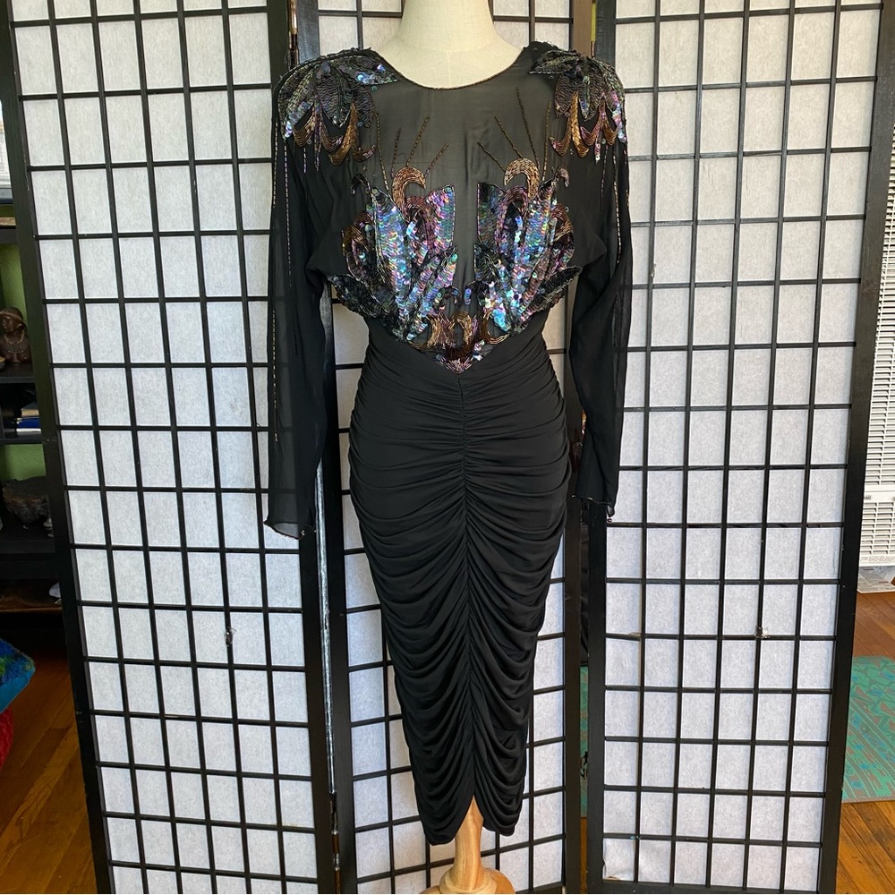 80'S CASADEI Ruched Beaded & Sequined Party Dress Size 4